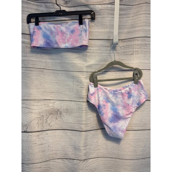 Pastel Tie Dye Swimsuit Two Piece Bandeau High Waist Size M - Picture 2 of 4